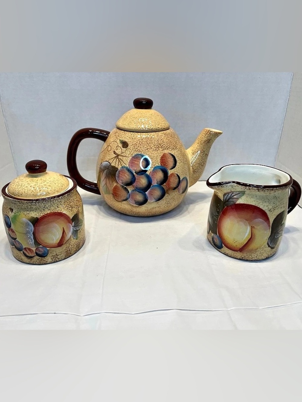 Mayfair & Jackson Fruit Motif Ceramic Tea Set in Brown & Cream